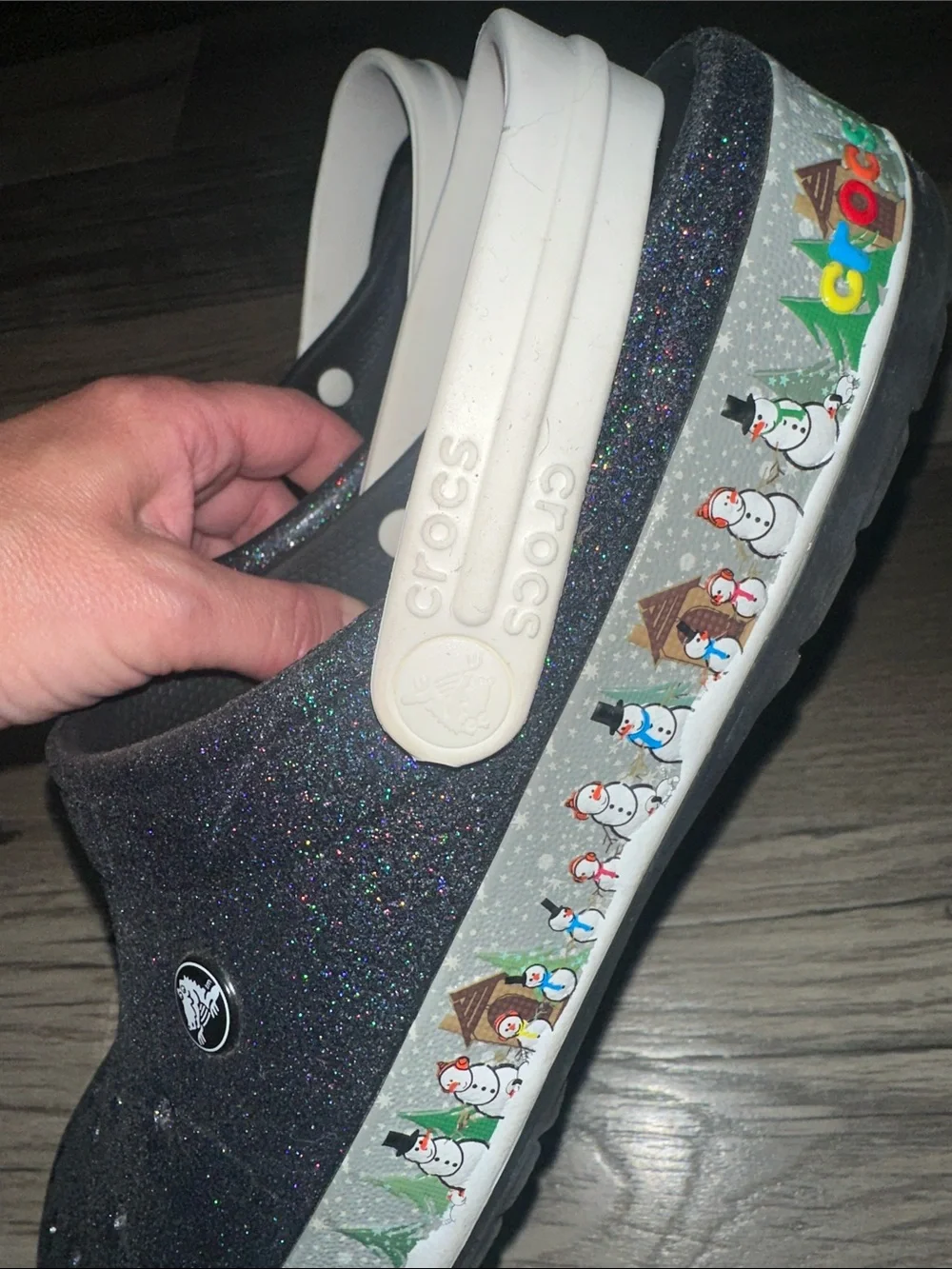 CROCS unisex holiday snowman black glitter winter  Clogs with White band W11 M9